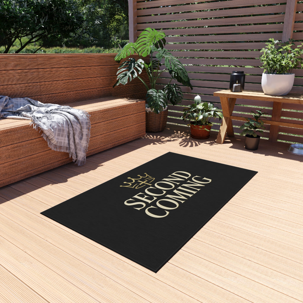 2nd Coming Outdoor Rug — 'Second Coming' Black Doormat with Gold Crown Design