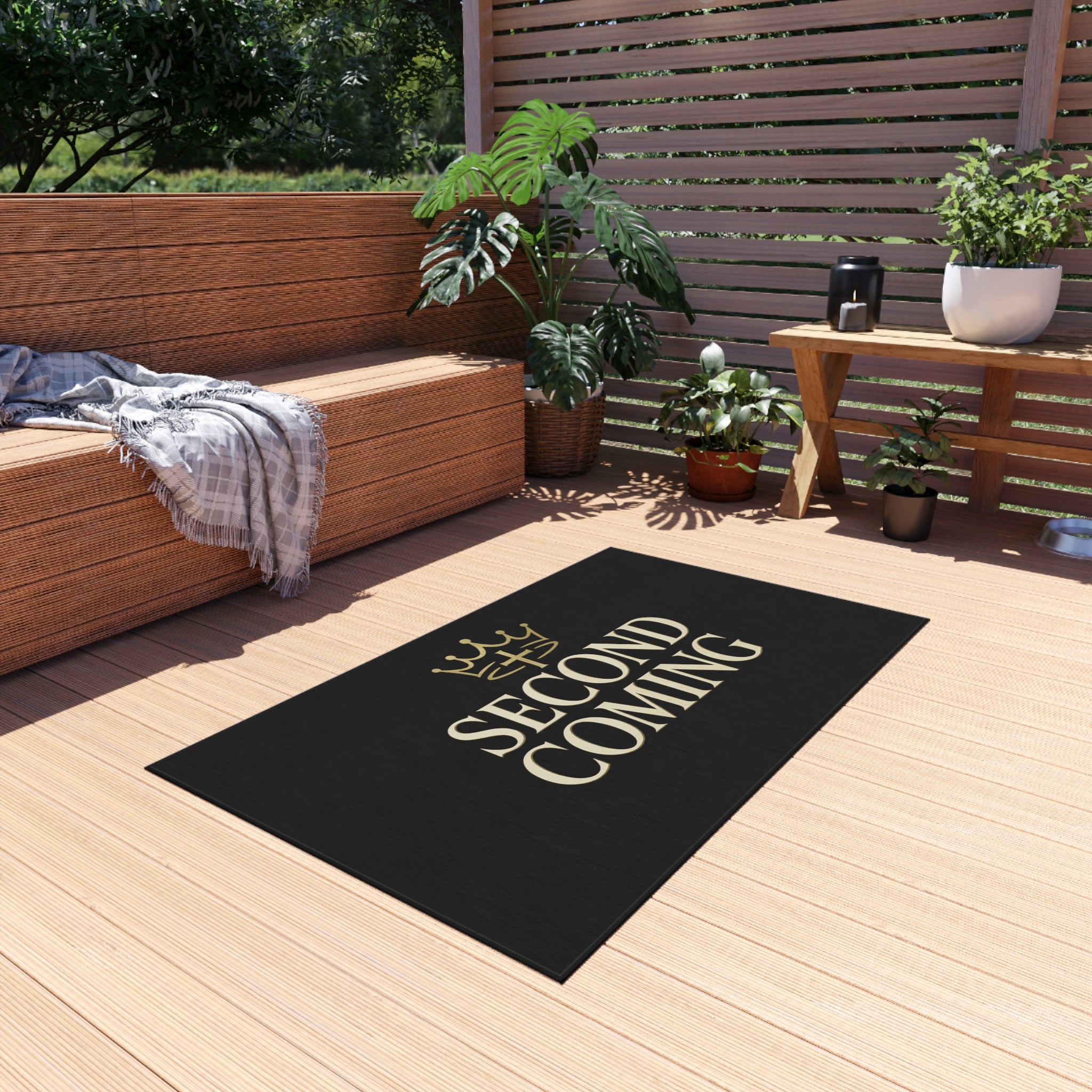 2nd Coming Outdoor Rug — 'Second Coming' Black Doormat with Gold Crown Design