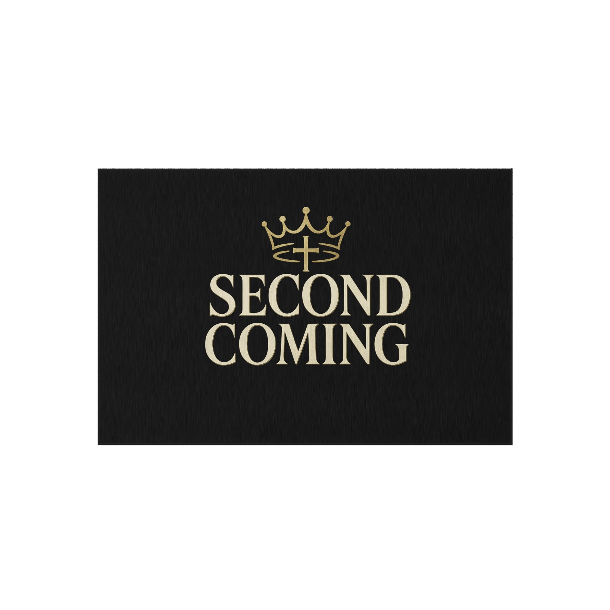 2nd Coming Outdoor Rug — 'Second Coming' Black Doormat with Gold Crown Design