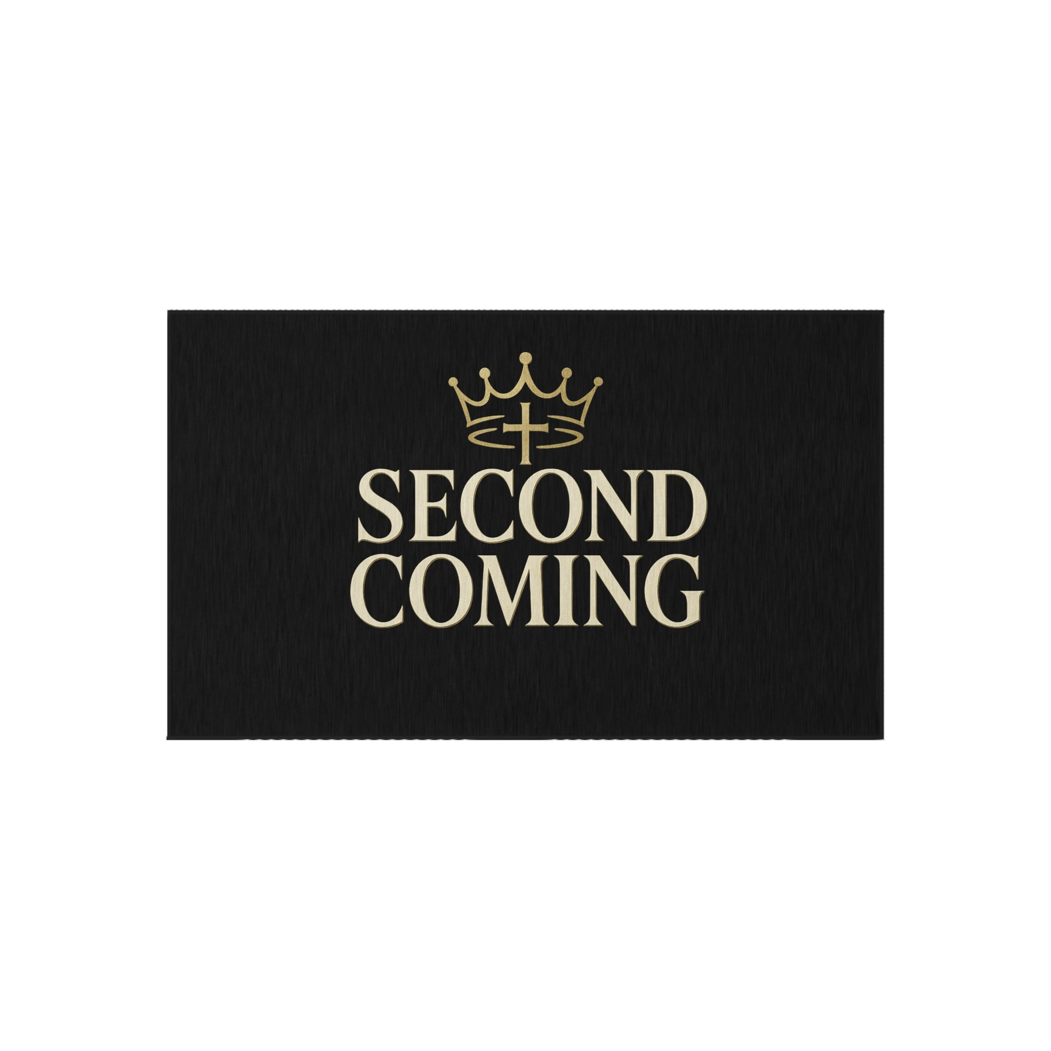 2nd Coming Outdoor Rug — 'Second Coming' Black Doormat with Gold Crown Design