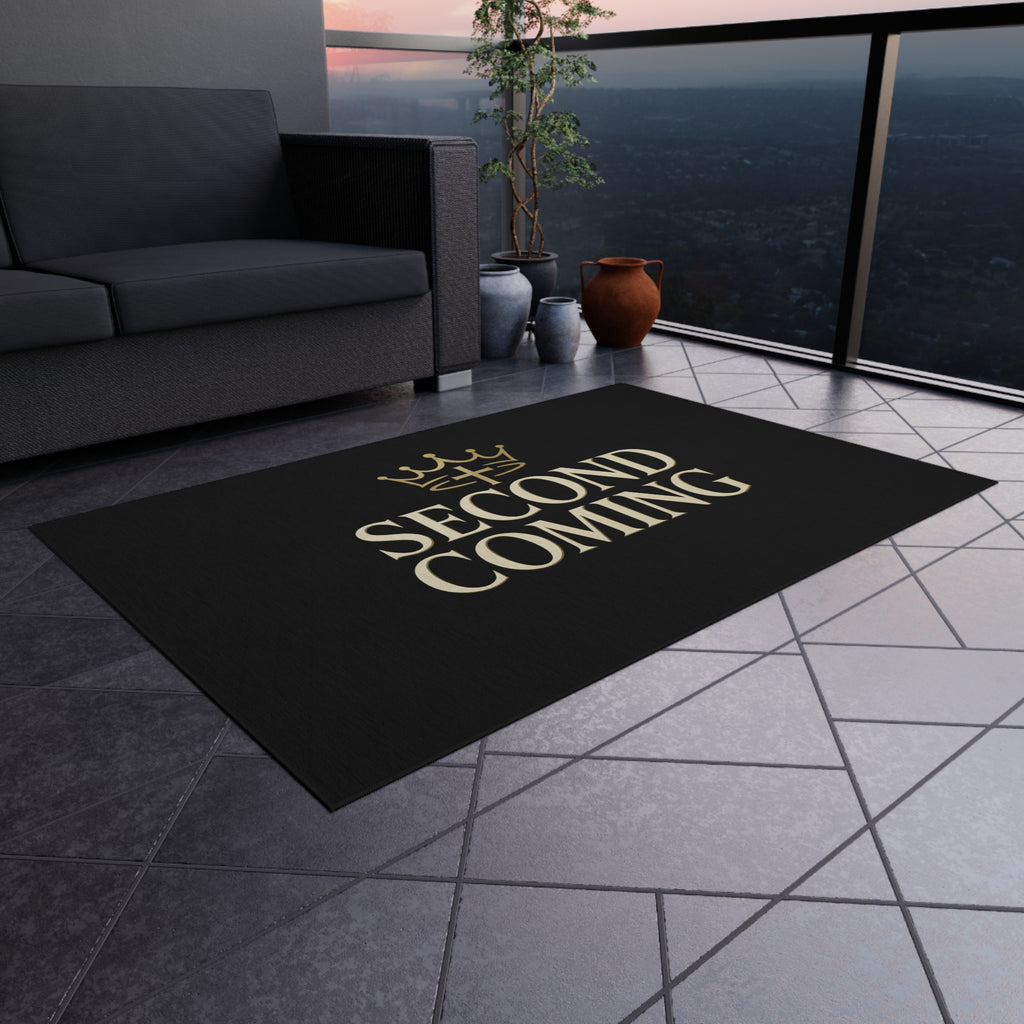 2nd Coming Outdoor Rug — 'Second Coming' Black Doormat with Gold Crown Design
