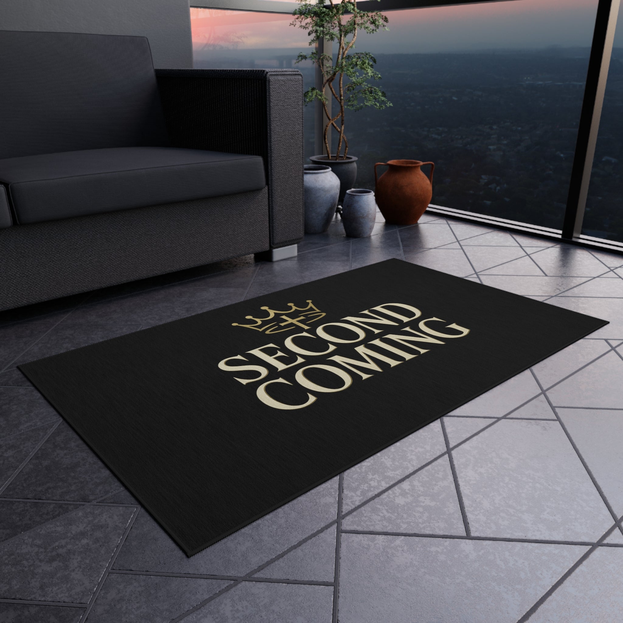2nd Coming Outdoor Rug — 'Second Coming' Black Doormat with Gold Crown Design