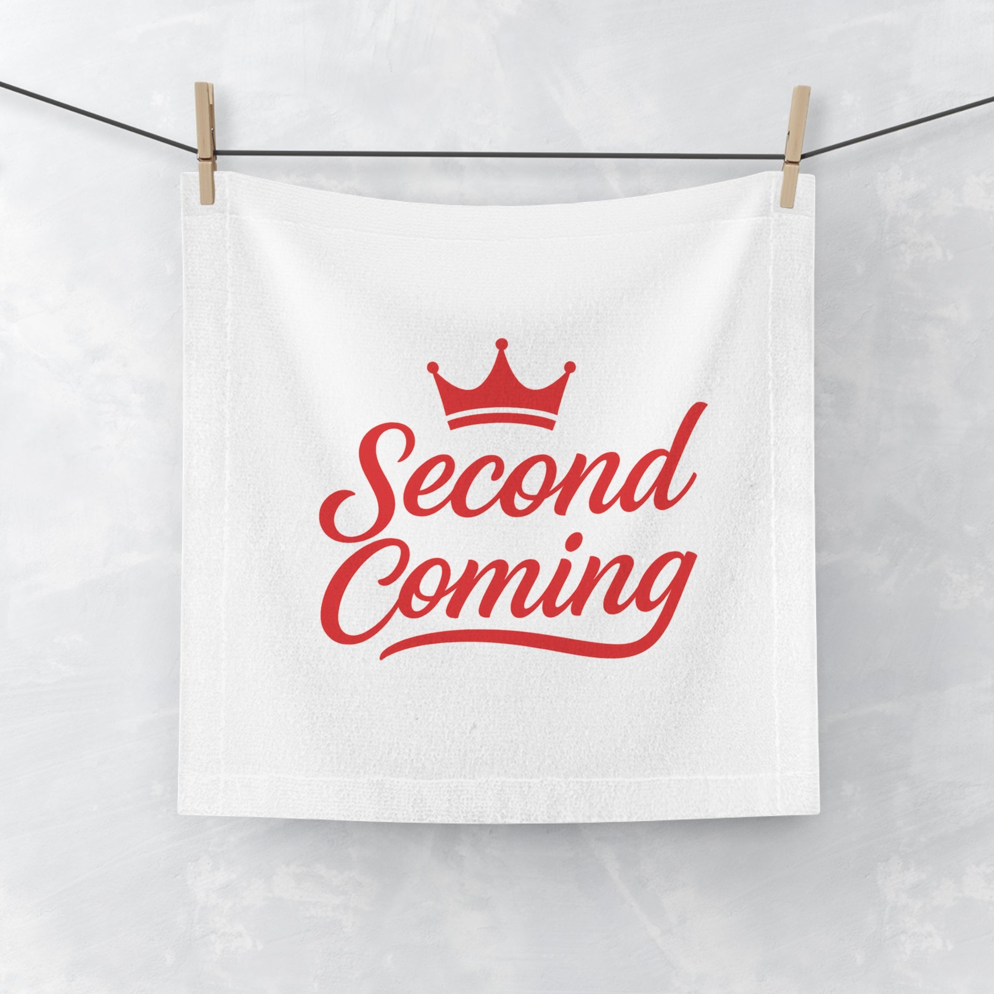 Second Coming Face Towel — Red Crown Script Design