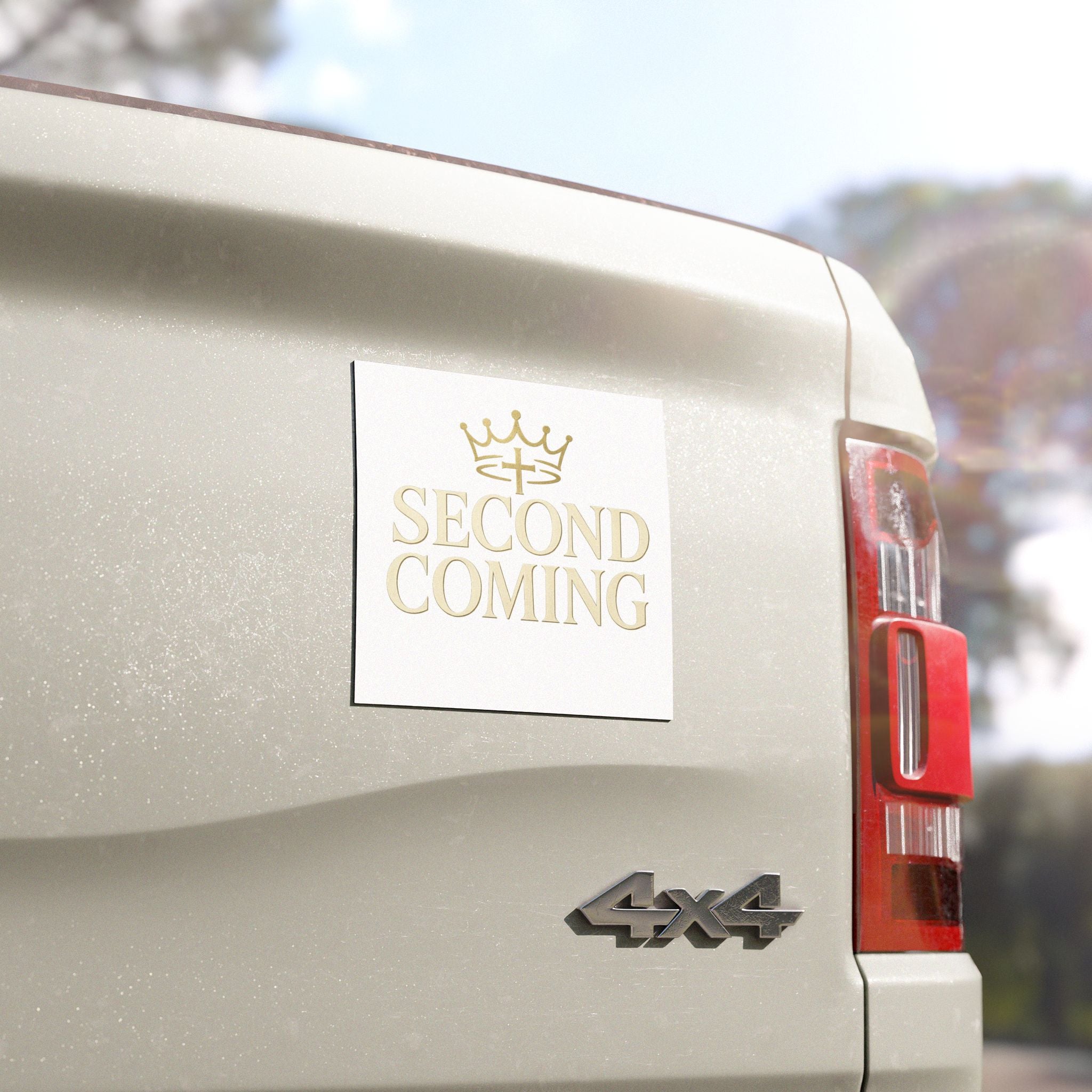 Second Coming Religious Car Magnet — Gold Crown & Cross Faith Decal