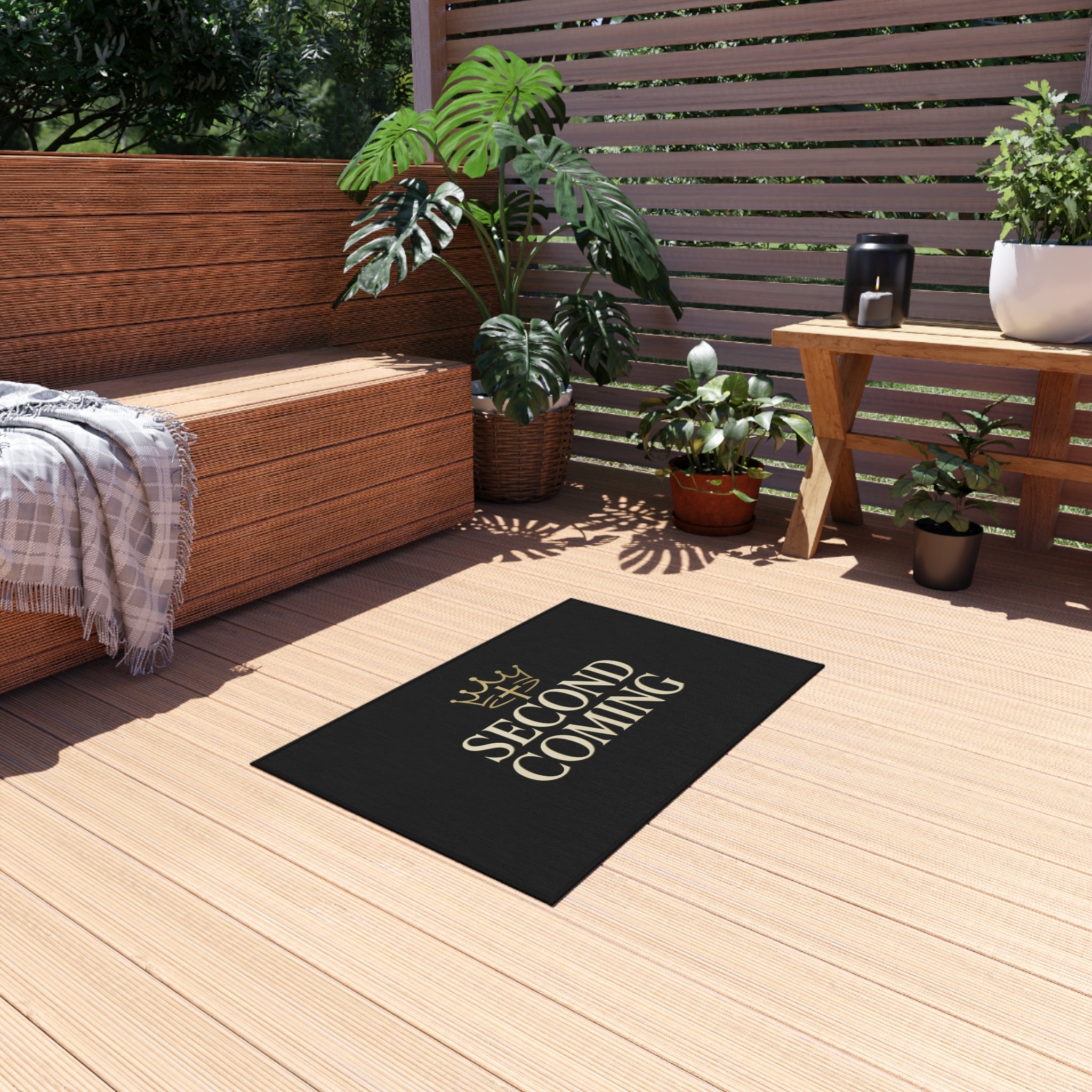 2nd Coming Outdoor Rug — 'Second Coming' Black Doormat with Gold Crown Design